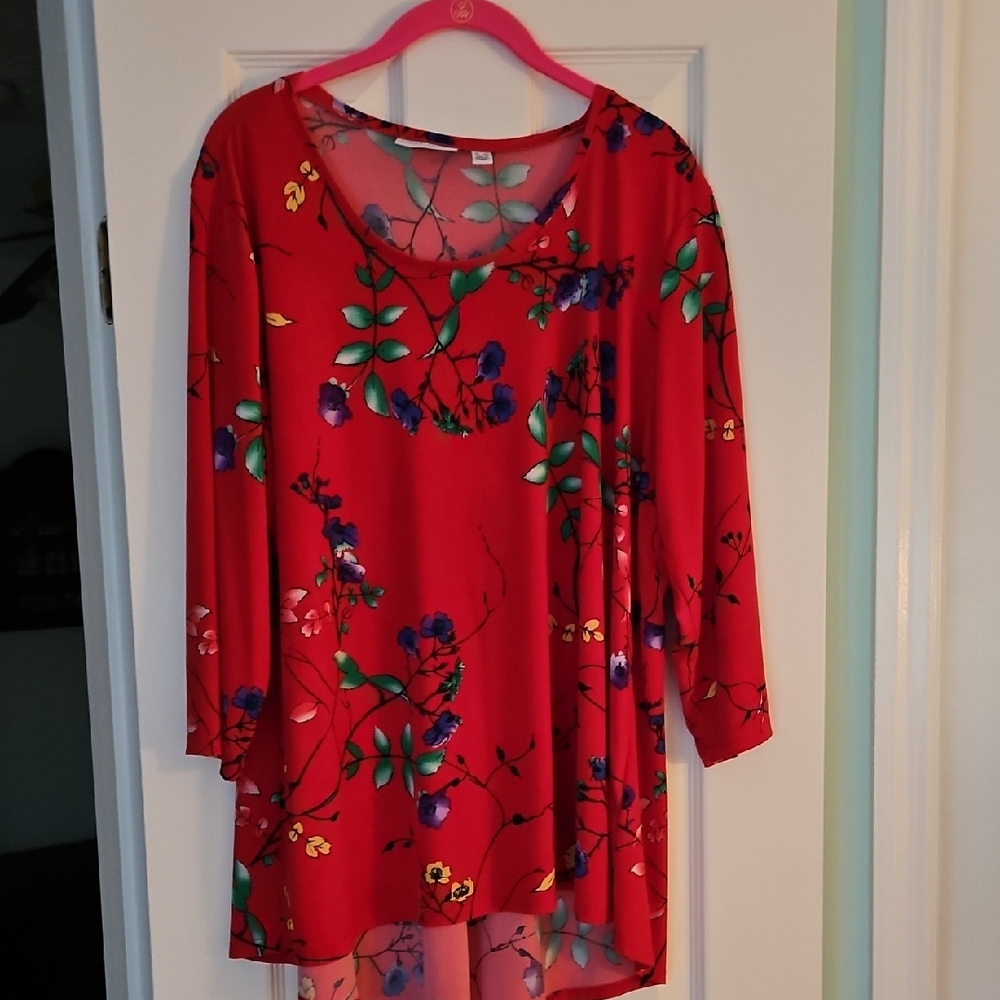Susan Graver Red 3/4 Sleeve Floral Blouse